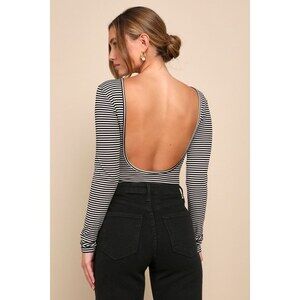 Lulus Favorable Cutie Black And White Striped Backless Bodysuit - Size XS